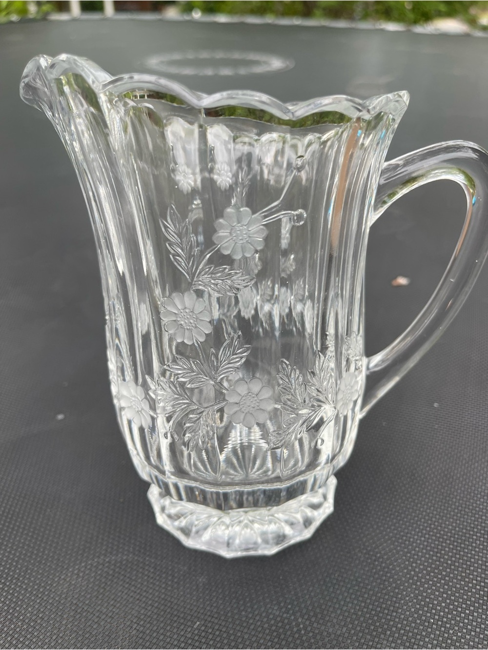 Heavy High-Quality Clear Cut Crystal Pitcher with Floral Etchings
